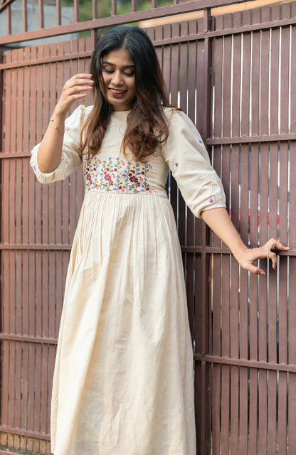 Off-White Flex Cotton Dress With Floral Embroidery And Crochet Lace Detailing On Yoke And Sleeves