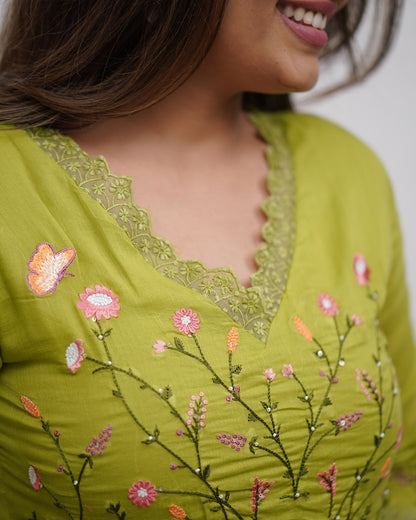 Elegant Olive Green Embroidery And Sequin Work Kurta Set