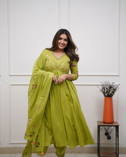 Elegant Olive Green Embroidery And Sequin Work Kurta Set