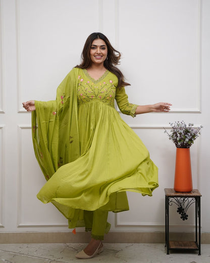 Elegant Olive Green Embroidery And Sequin Work Kurta Set