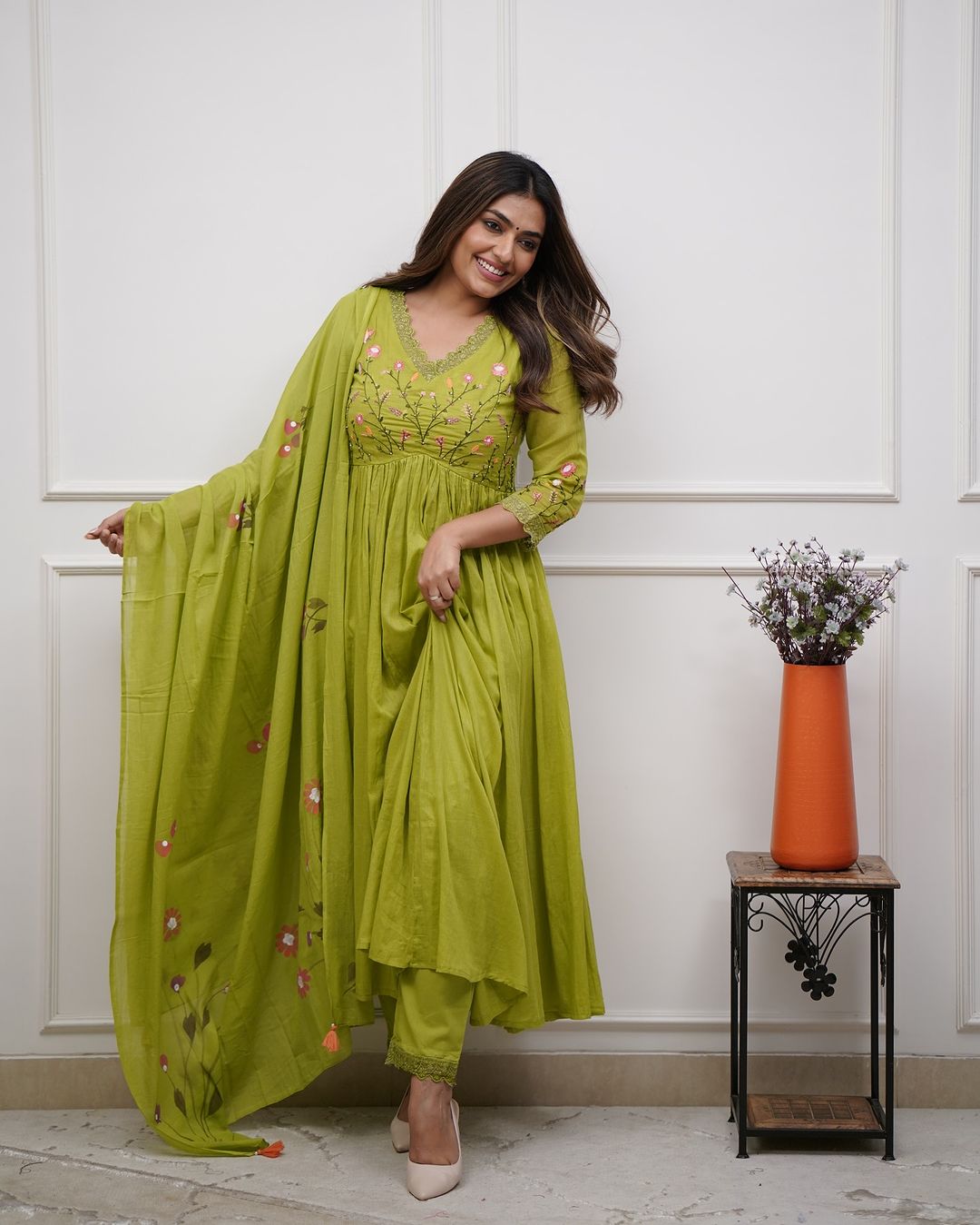 Elegant Olive Green Embroidery And Sequin Work Kurta Set