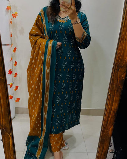 Premium Ajrak Cotton Suit Set – Teal & Mustard Ikat Print | Kurti, Pant & Dupatta