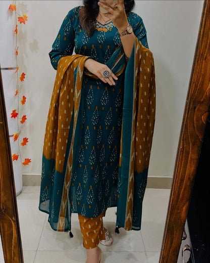 Premium Ajrak Cotton Suit Set – Teal & Mustard Ikat Print | Kurti, Pant & Dupatta