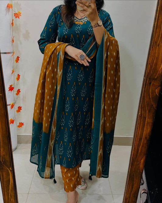 Premium Ajrak Cotton Suit Set – Teal & Mustard Ikat Print | Kurti, Pant & Dupatta