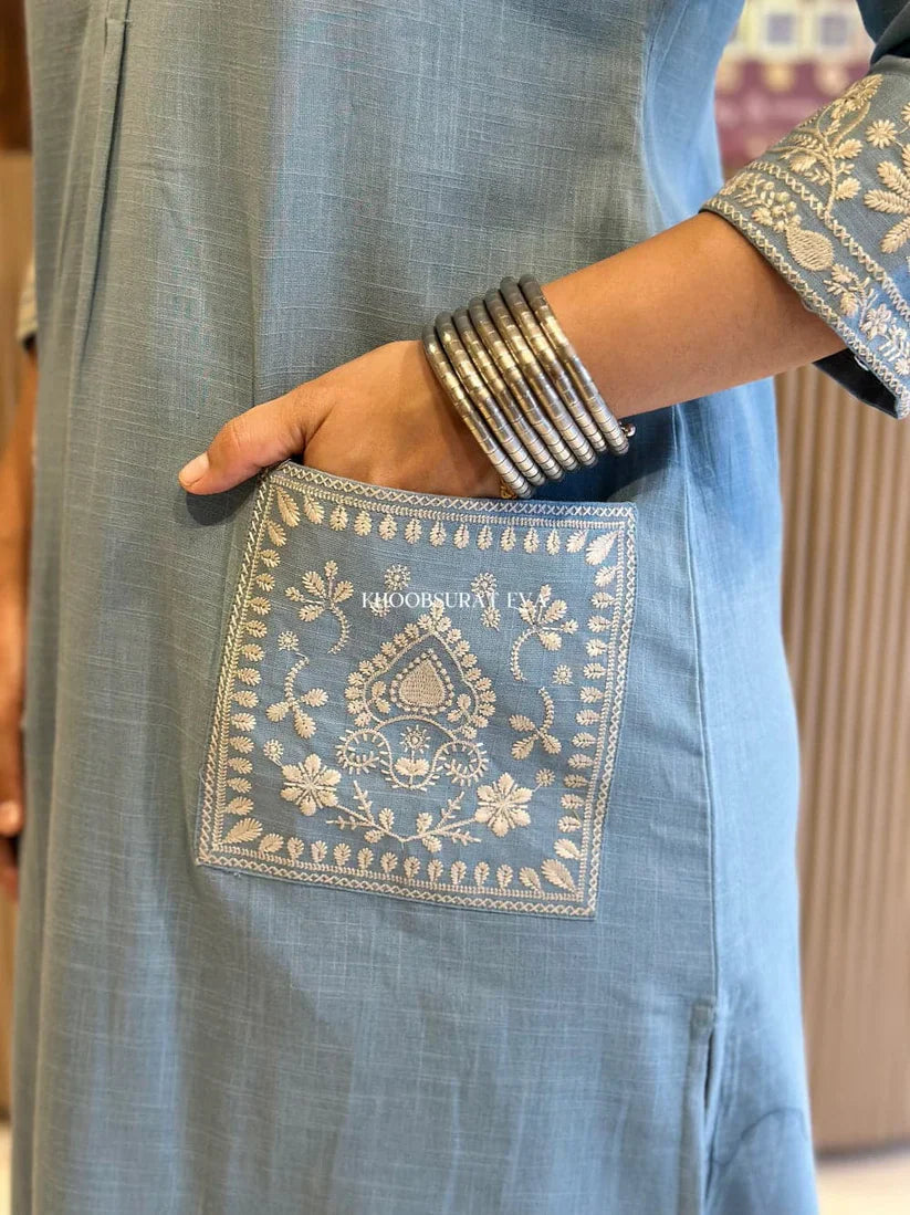 Elegant Sky Blue Embroidered Cotton Kurta Set
