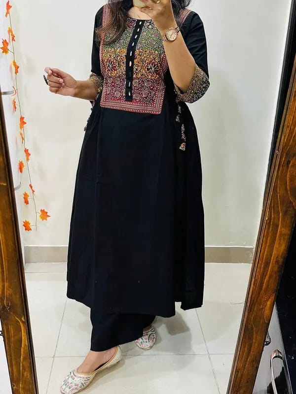 Midnight Black Embroidered Kurta Set with Multicolor Yoke