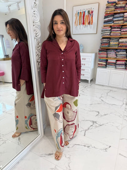 Wine Button-Down Tunic with Abstract Print Palazzo Pants