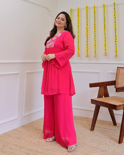 Hot Pink Floral Embroidered Yoke Short Kurti with Palazzo Set