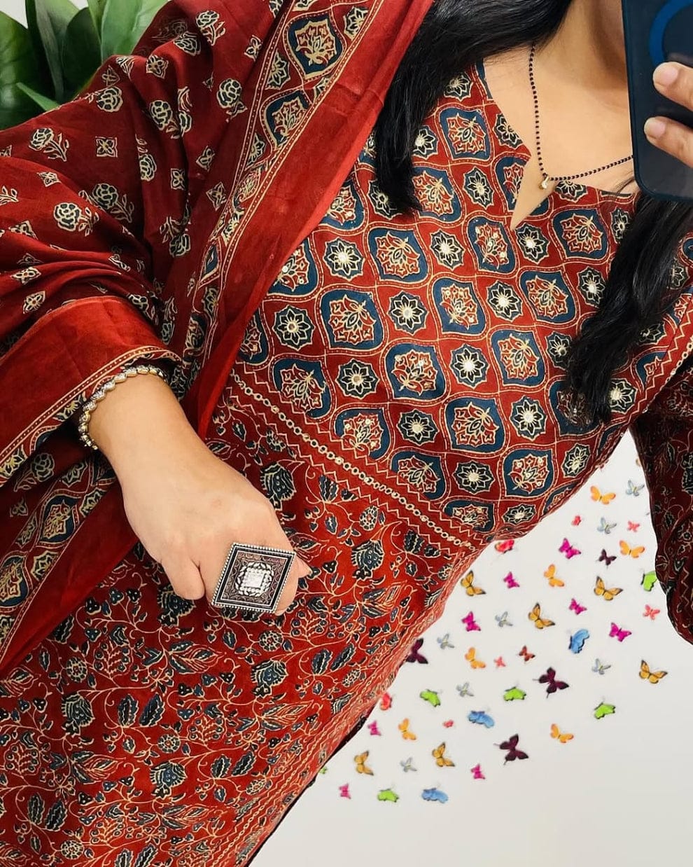 Crimson Red Ajrakh Inspired Printed Cotton Kurta Set with Dupatta