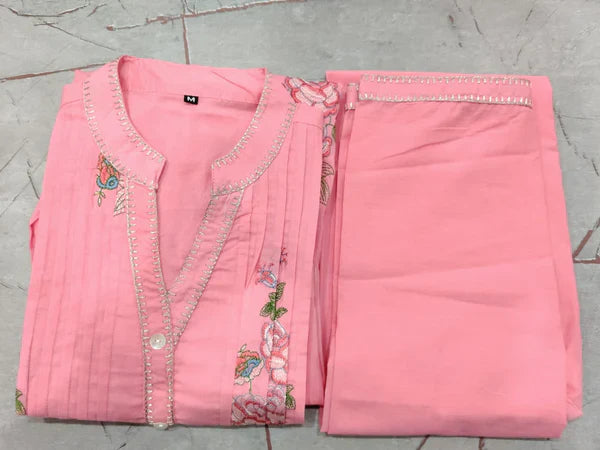 Baby Pink Mulmul Cotton Floral Printed A-Line Kurta Set with Palazzo