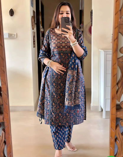 Midnight Indigo Printed Kurta Set with Elegant Dupatta