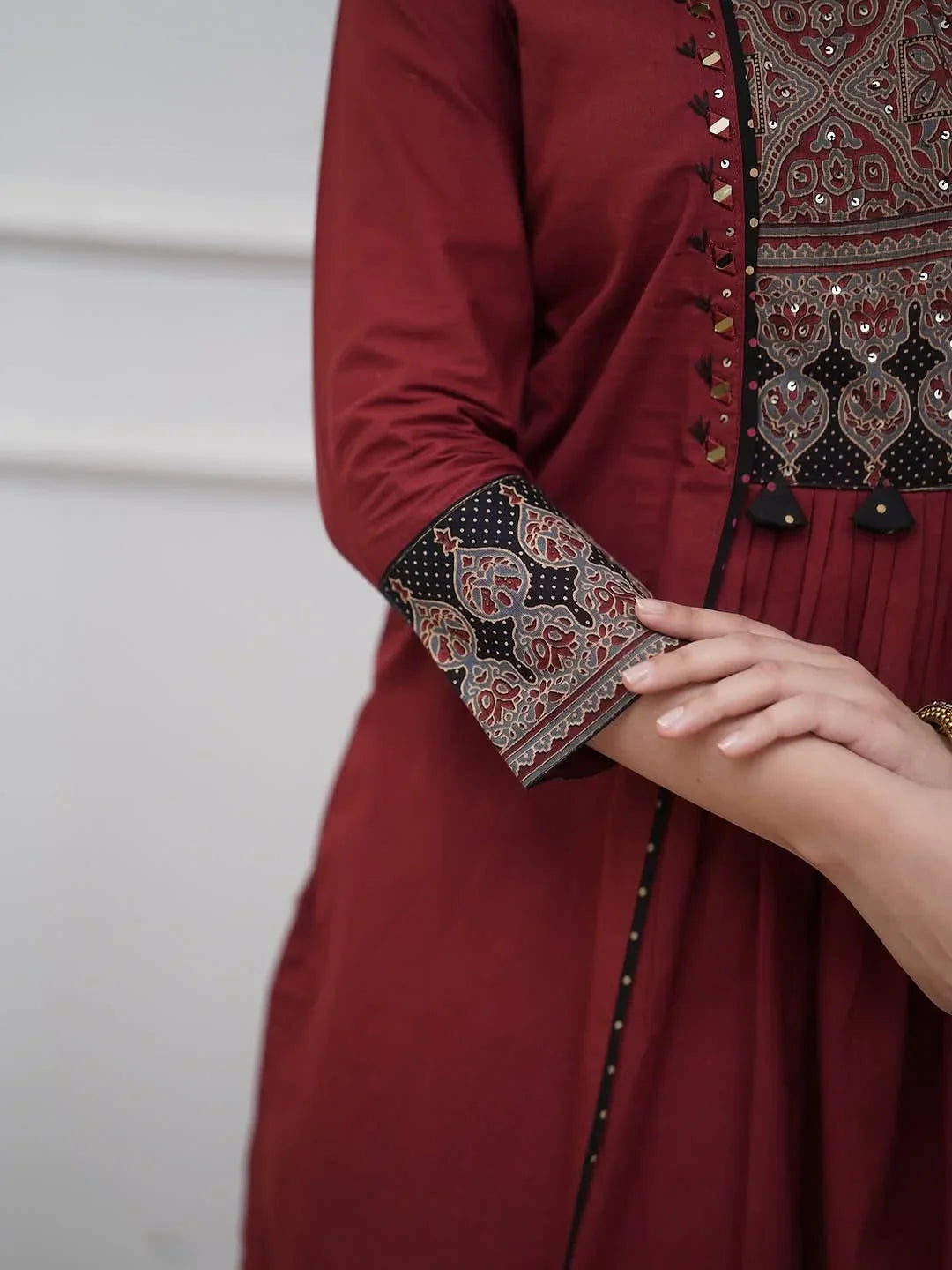 Maroon Printed Kurta Set with Contrast Dupatta